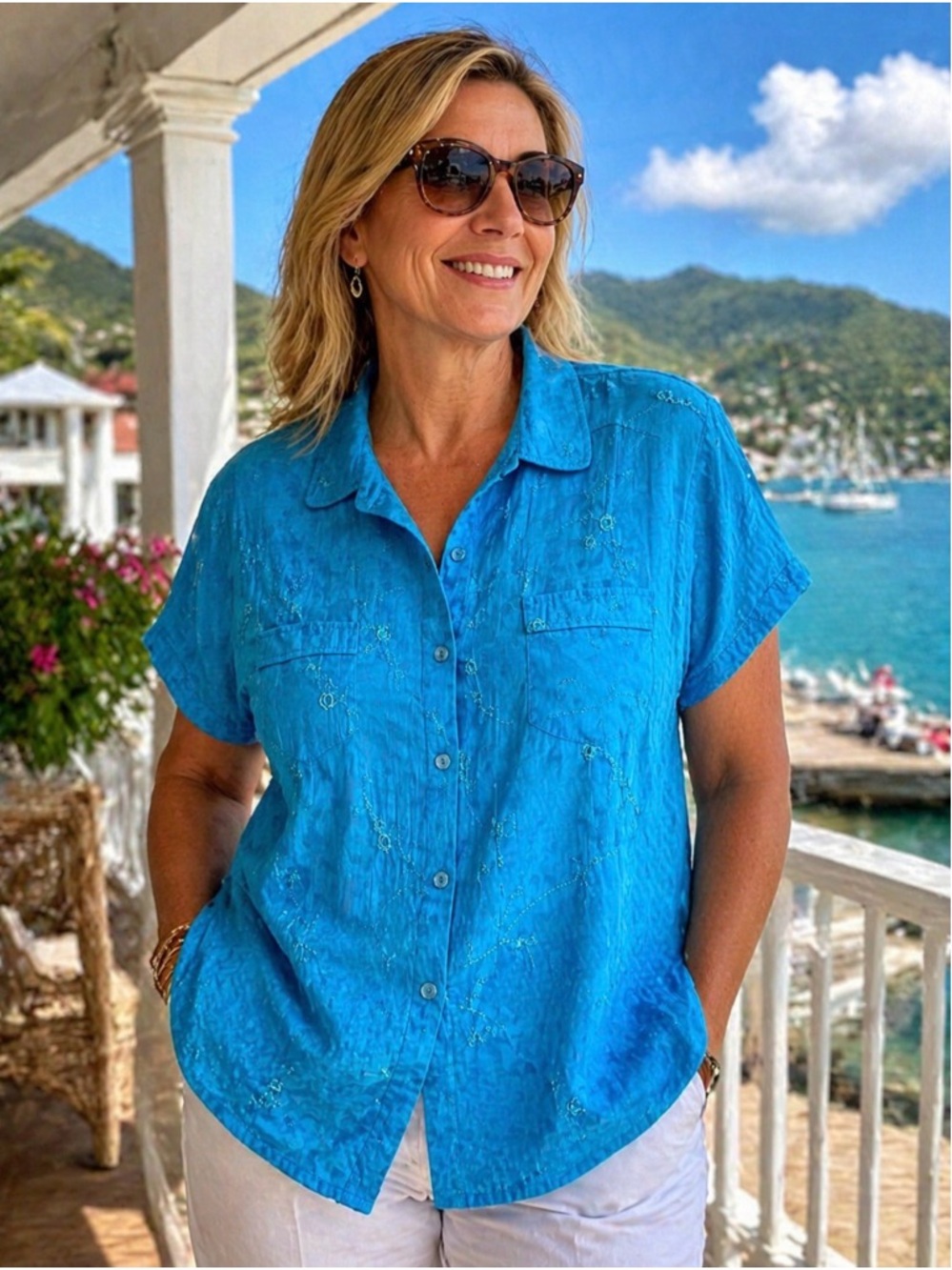 TanJayBright Blue Embroidered Blouse Size 16 Semi Sheer Summer Top